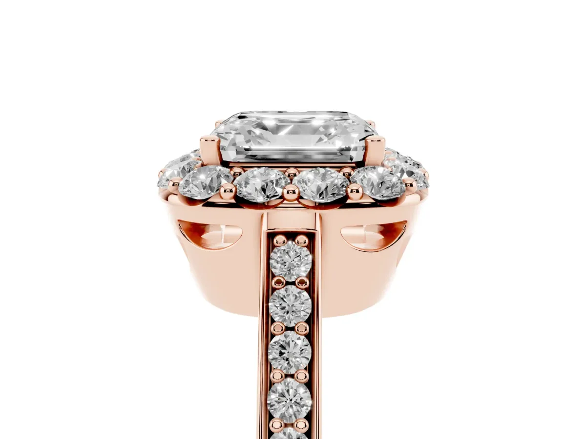 Asscher Cut Diamond Floral Halo Ring with Pavé Band and Prong Setting Rose gold
