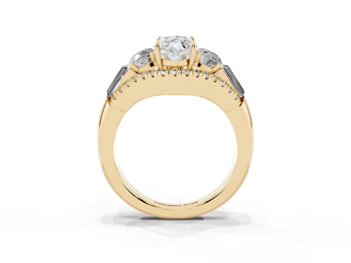 Three-Stone Marquise Cut Diamond Engagement Ring with Pave Band and Prong Setting Yellow gold