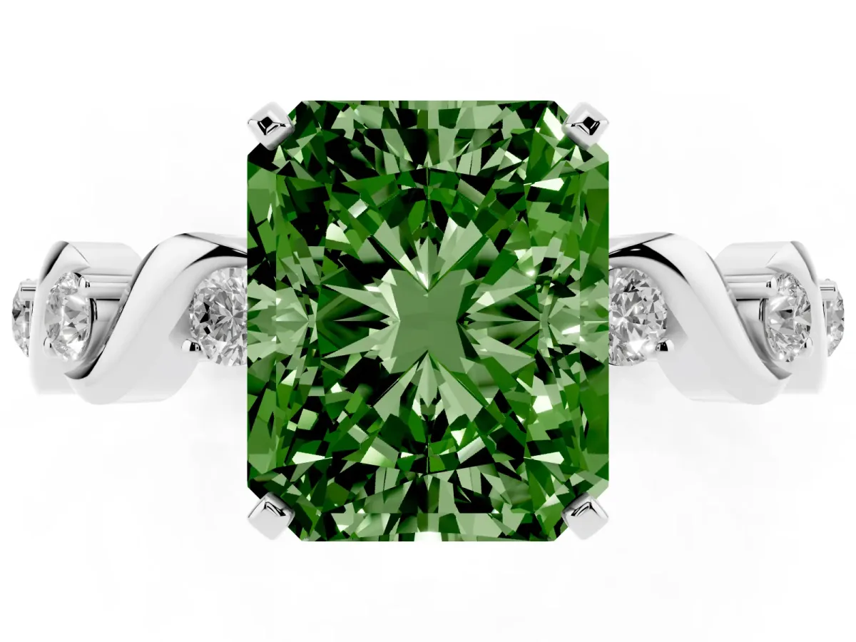 Fancy Green Radiant Cut Diamond Solitaire Twisted Band with Round Accents and Prong Setting White gold