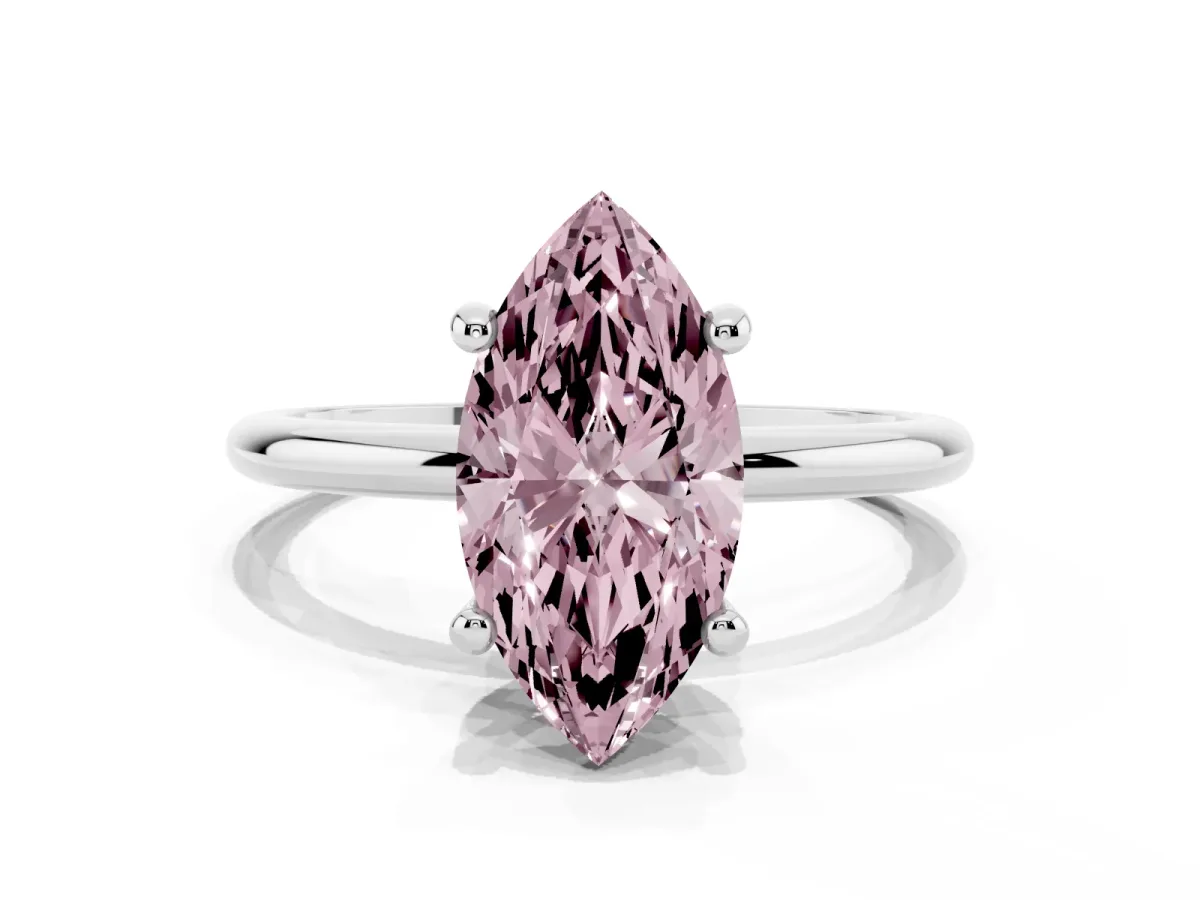 Fancy Pink Marquise Cut Solitaire Diamond Ring with 4-Prong Setting on a Classic Band Platinum