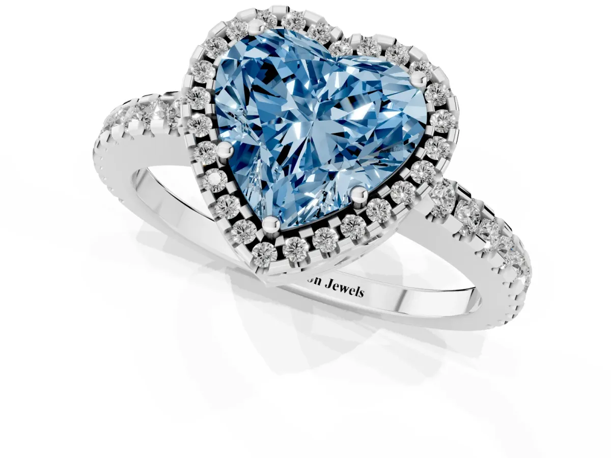 Fancy Blue Heart Cut Diamond Halo Engagement Ring with Pavé Band and Prong Setting White gold