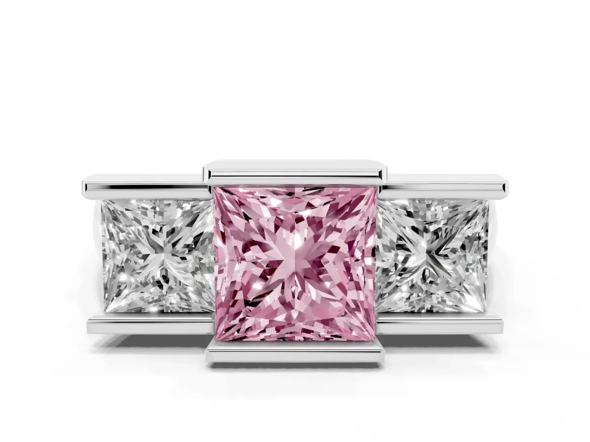 Fancy Pink Three Stone Princess Cut Cut Channel Set Diamond Ring Platinum