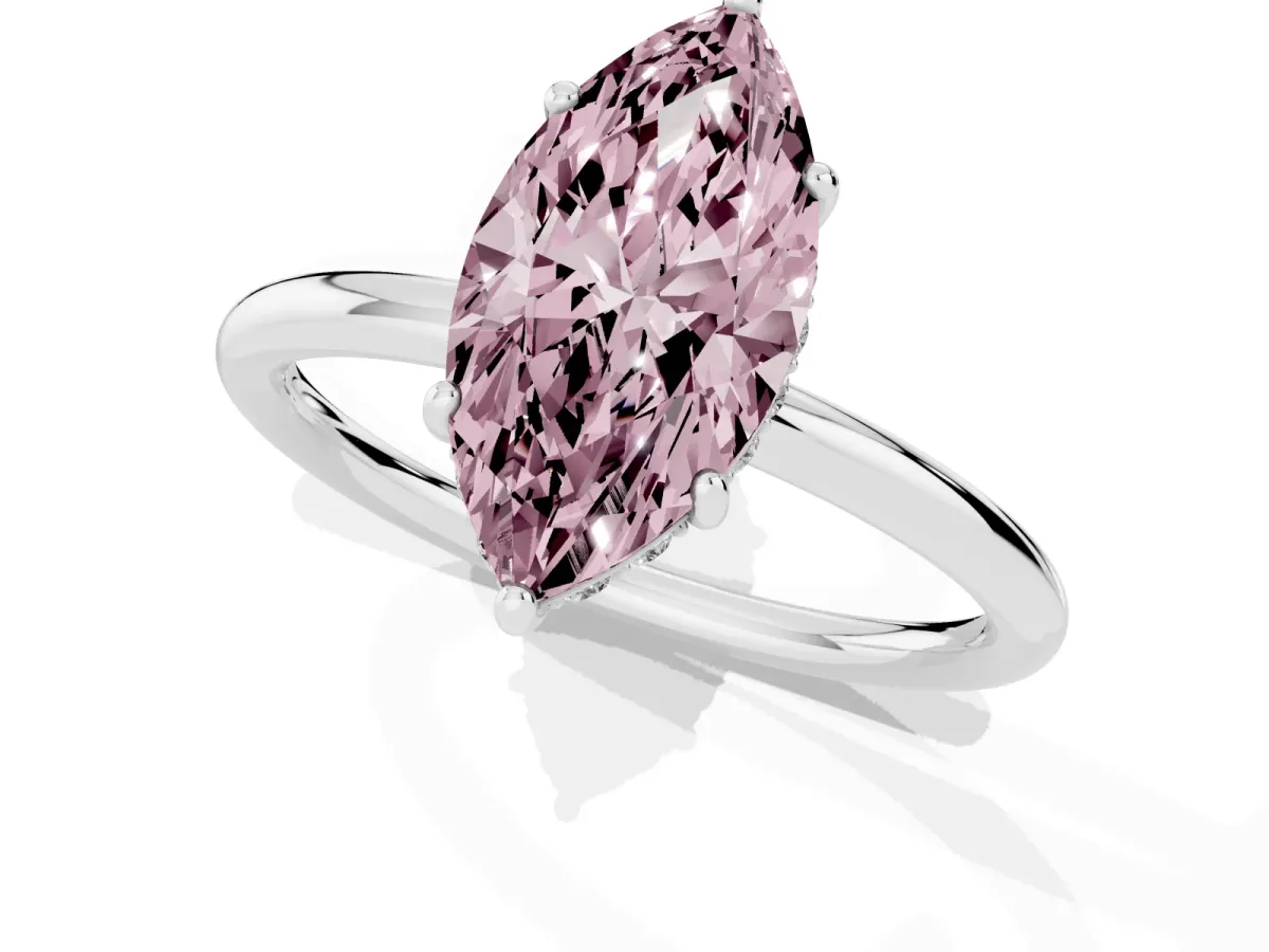 Fancy Pink Marquise Cut Solitaire Diamond Ring with a Classic Band and Four-Prong Setting Silver