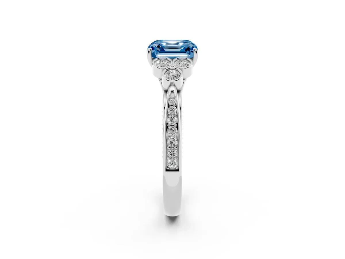 Fancy Blue Asscher Cut Cut Diamond Engagement Ring with Bezel Set Round Side Stones and Prong Setting Platinum