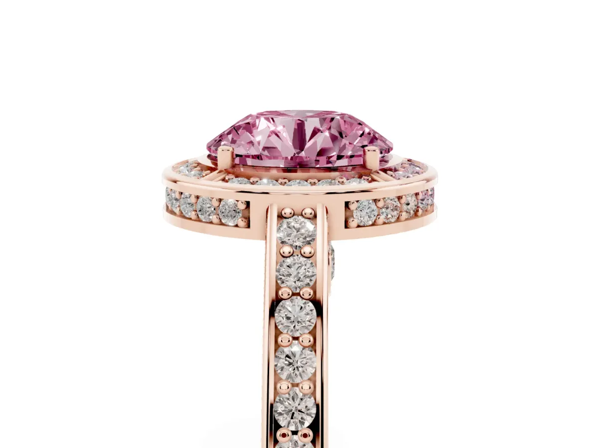 Fancy Pink Round Cut Cut Halo Pave Split Shank Prong Setting Ring Rose gold