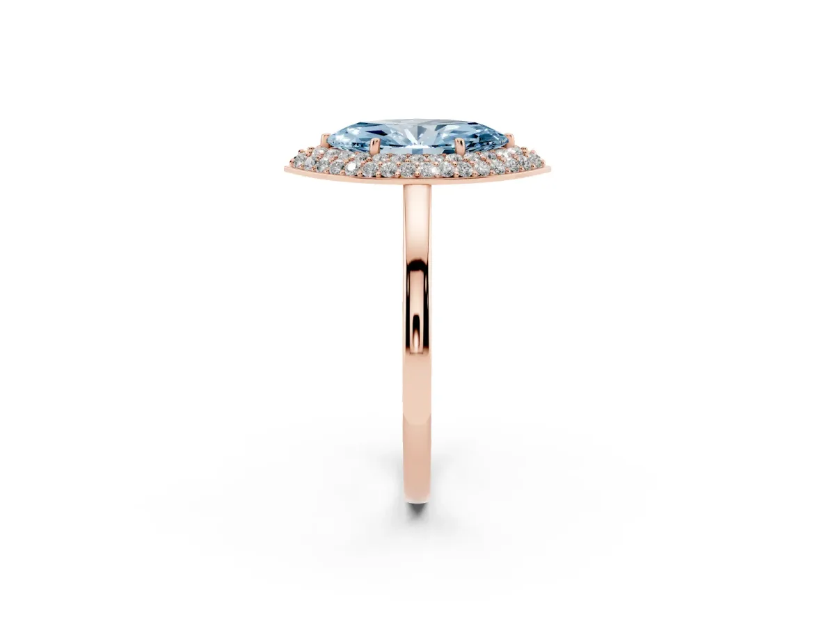 Fancy Blue Marquise Cut Halo Diamond Engagement Ring with Solitaire Band and Four-Prong Setting Rose gold