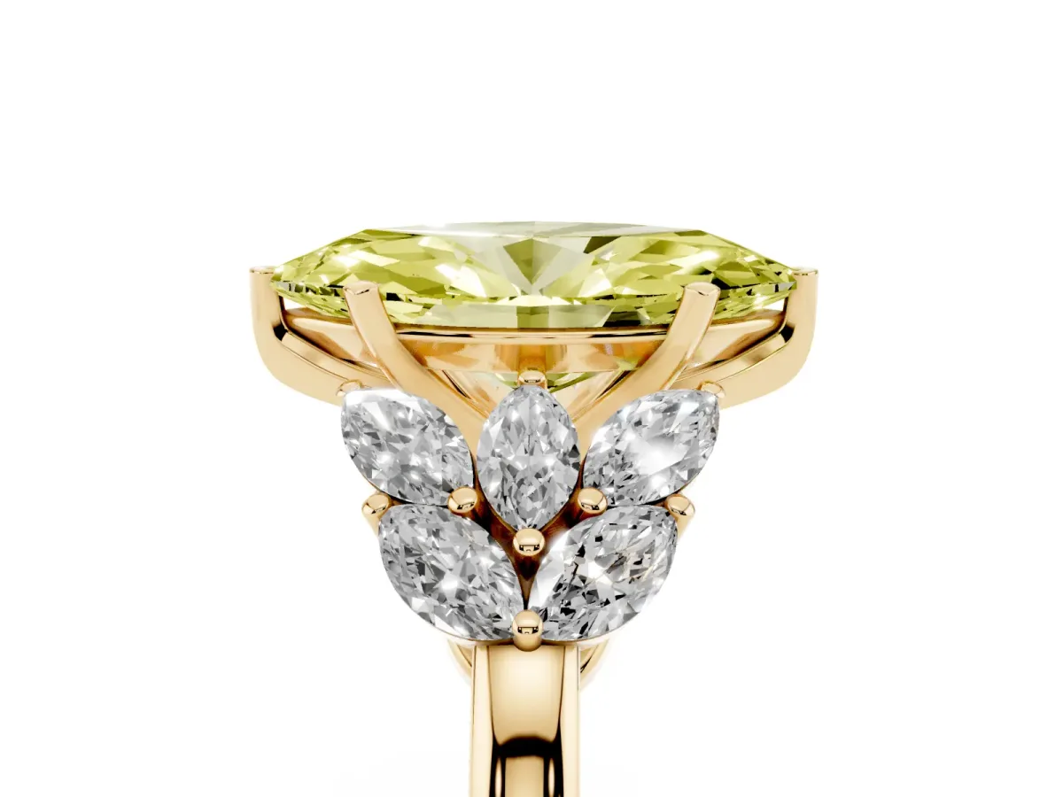 Fancy Yellow Marquise Cut Diamond Cluster Leaf Design Ring with Prong Setting Yellow gold
