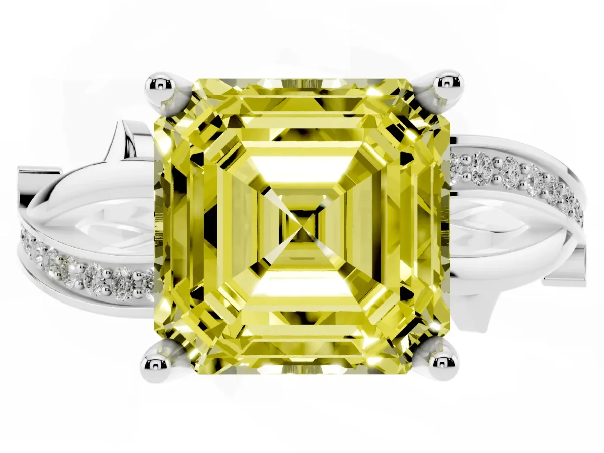 Fancy Yellow Asscher Cut Solitaire Twist Band with Pavé Accents and Four-Prong Setting Platinum