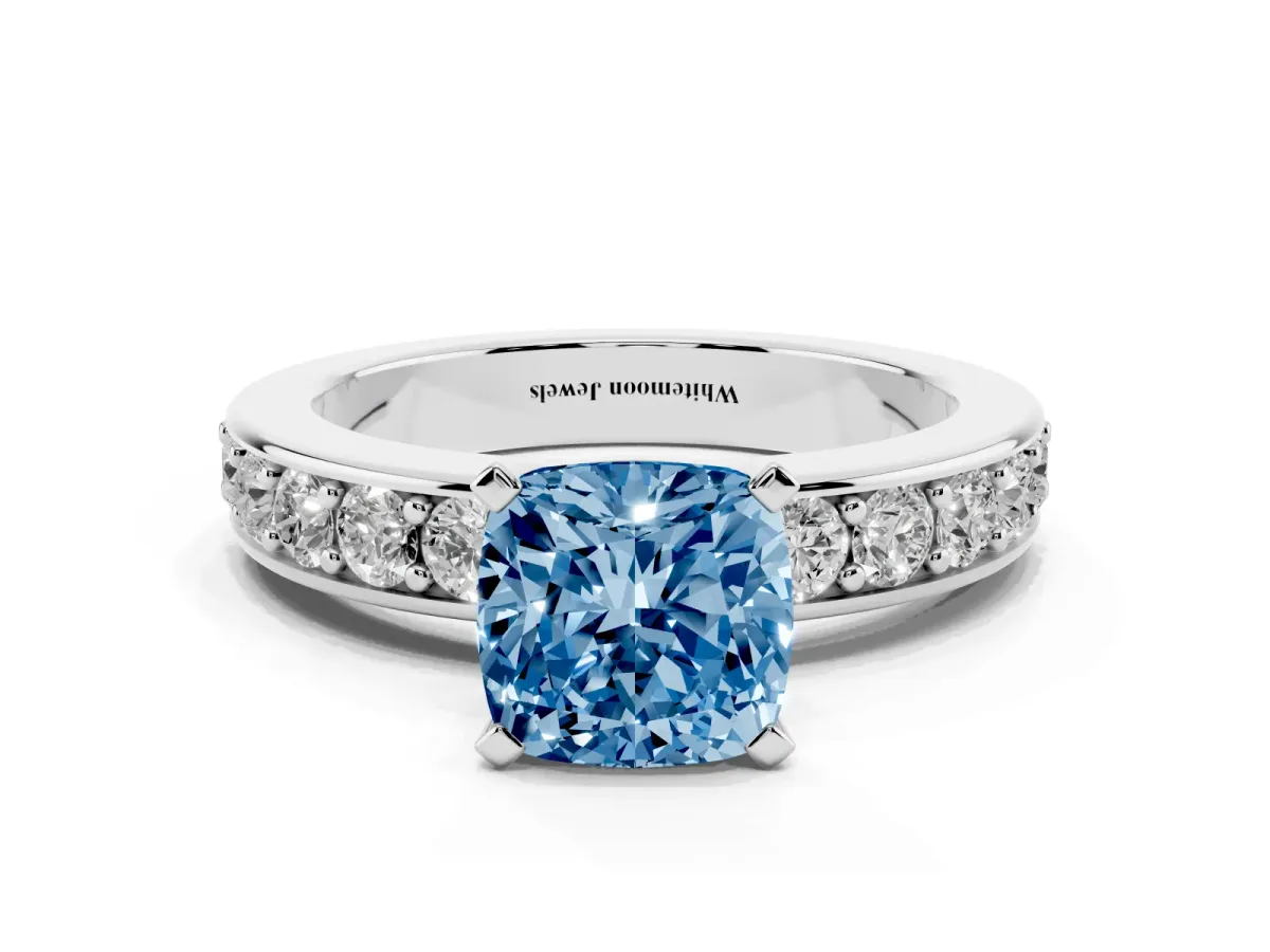 Fancy Blue Cushion Cut Diamond Engagement Ring with Channel Set Round Band and Prong Setting Silver