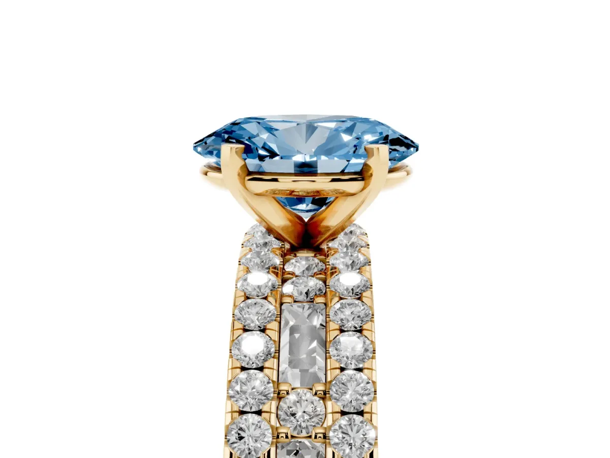 Fancy Blue Oval Cut Diamond Solitaire Ring with Pavé and Channel Set Band Yellow gold