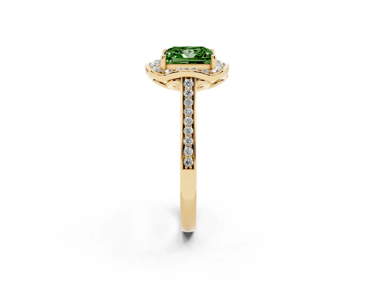Fancy Green Princess Cut Halo Round Diamond Pave Band with Four-Prong Setting Yellow gold