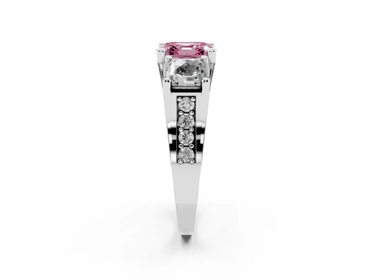 Fancy Pink Asscher Cut Diamond Three-Stone Ring with Channel Set Band and Four-Prong Setting Silver