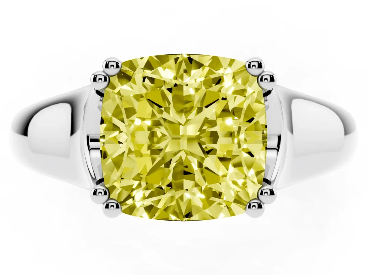 Fancy Yellow Cushion Cut Diamond Solitaire Ring with Wide Band and Prong Setting Silver