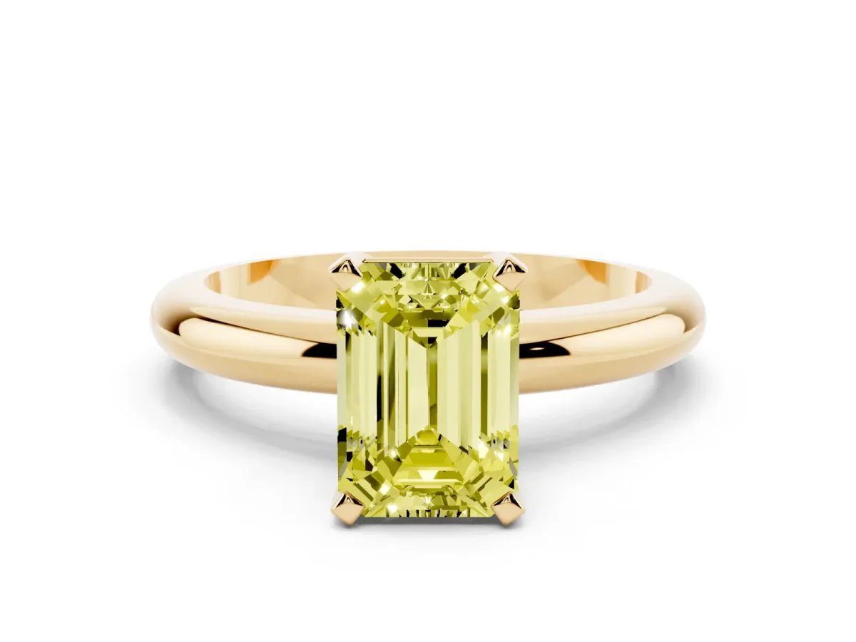 Fancy Yellow Emerald Cut Diamond Solitaire Engagement Ring with Round Band and Four-Prong Setting Yellow gold