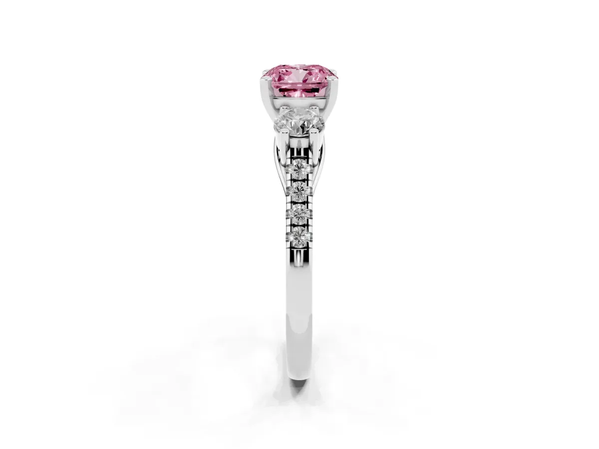 Fancy Pink Three-Stone Cushion Cut Diamond Pavé Band with Four-Prong Setting Silver
