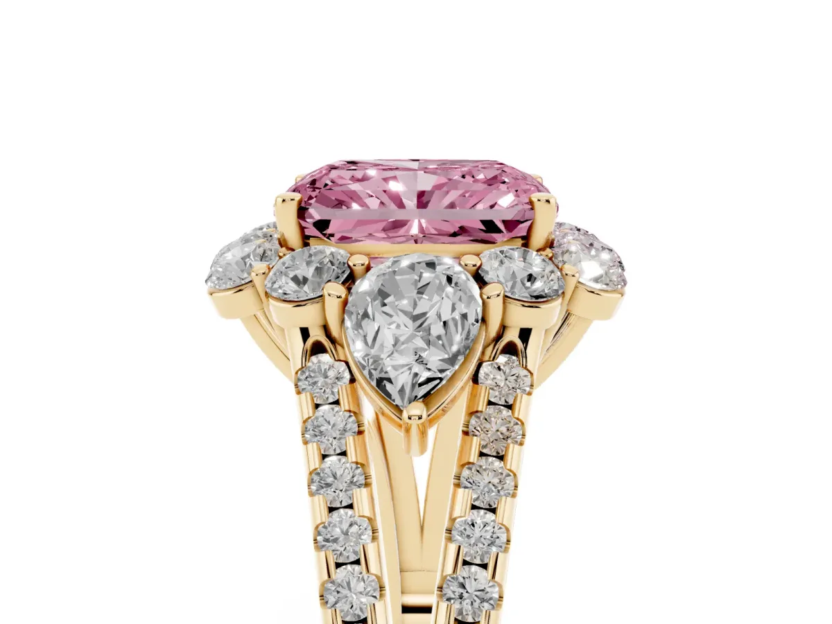 Fancy Pink Radiant Cut Halo Split Shank Diamond Engagement Ring with Prong Setting Yellow gold