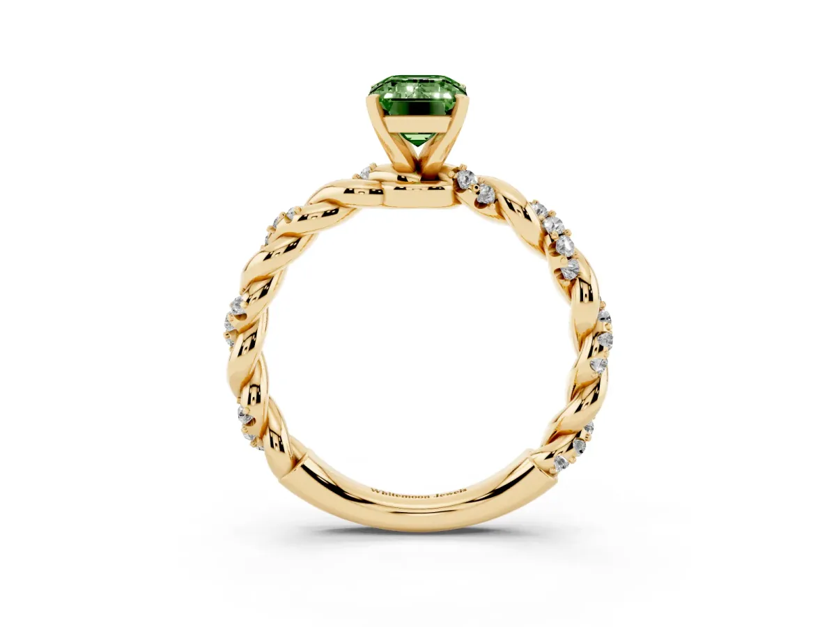 Fancy Green Emerald Cut Diamond Solitaire Ring with Twisted Band and Pavé Accents Yellow gold