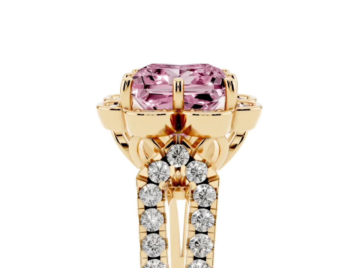 Fancy Pink Princess Cut Halo Diamond Floral Split Shank Engagement Ring Yellow gold