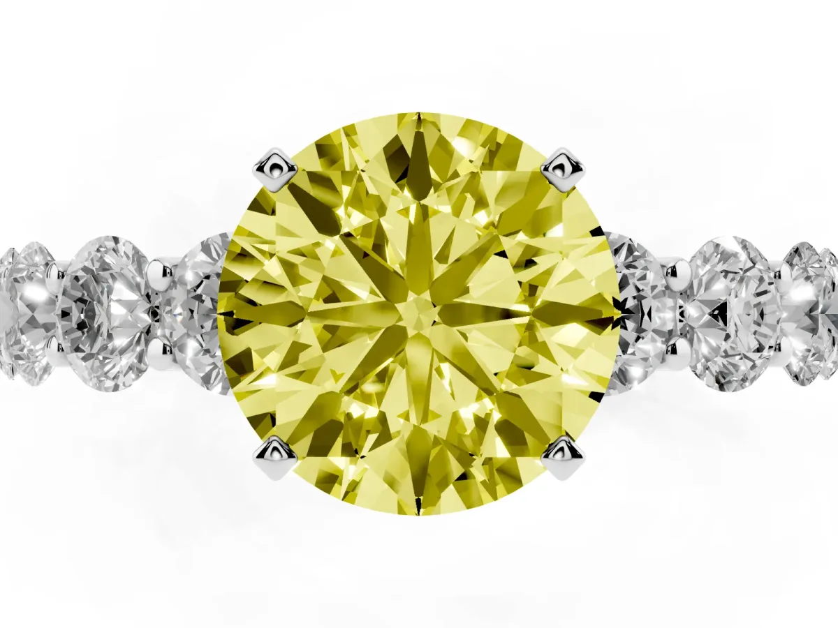 Fancy Yellow Round Cut Diamond Prong Setting with Side Stones on a Pave Band Platinum