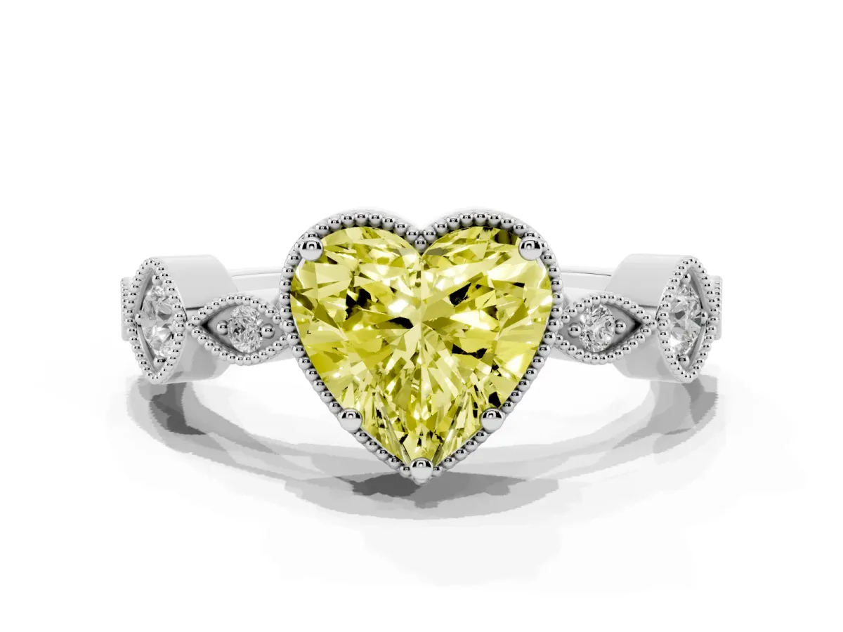 Fancy Yellow Heart Cut Diamond Vintage Milgrain Ring with Round Stations Silver