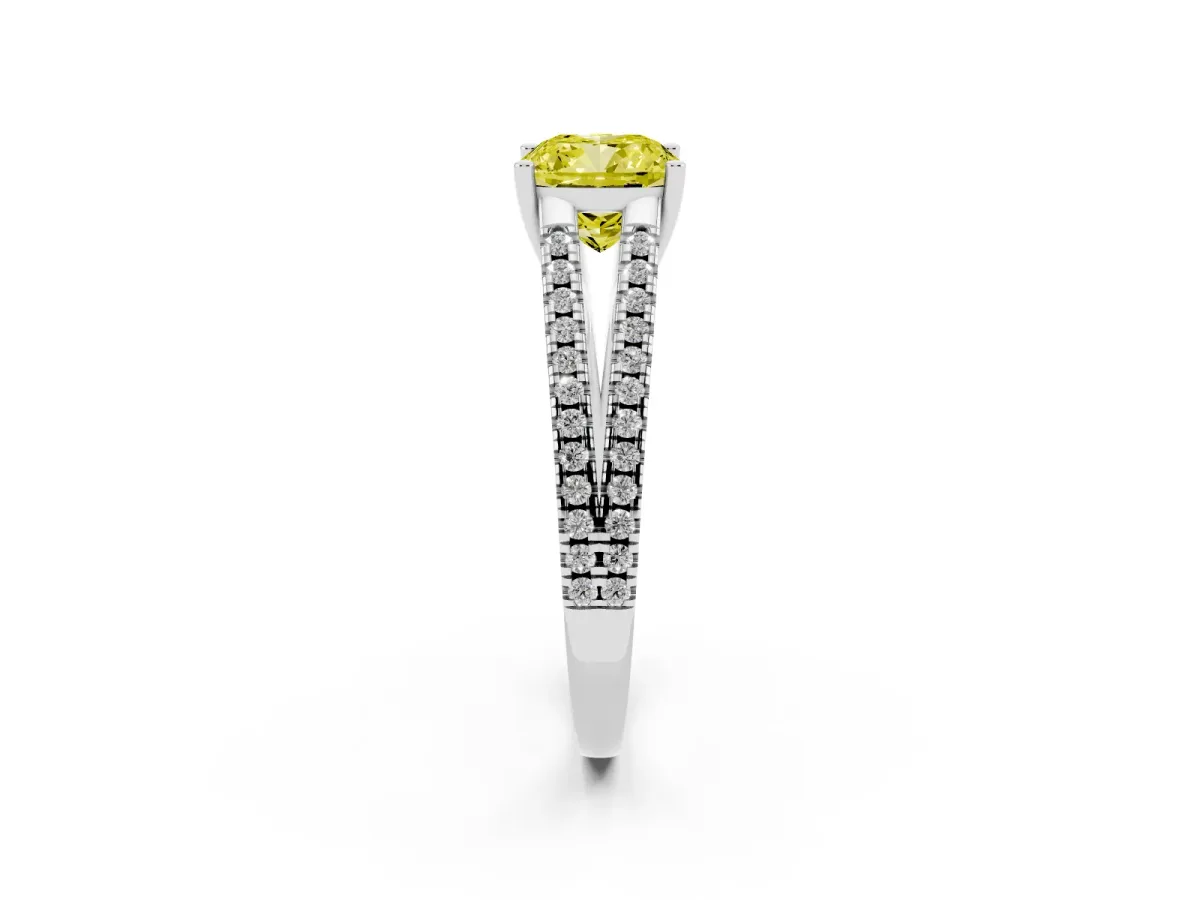 Fancy Yellow Cushion Cut Diamond Solitaire Engagement Ring with Split Shank Pavé Band Silver