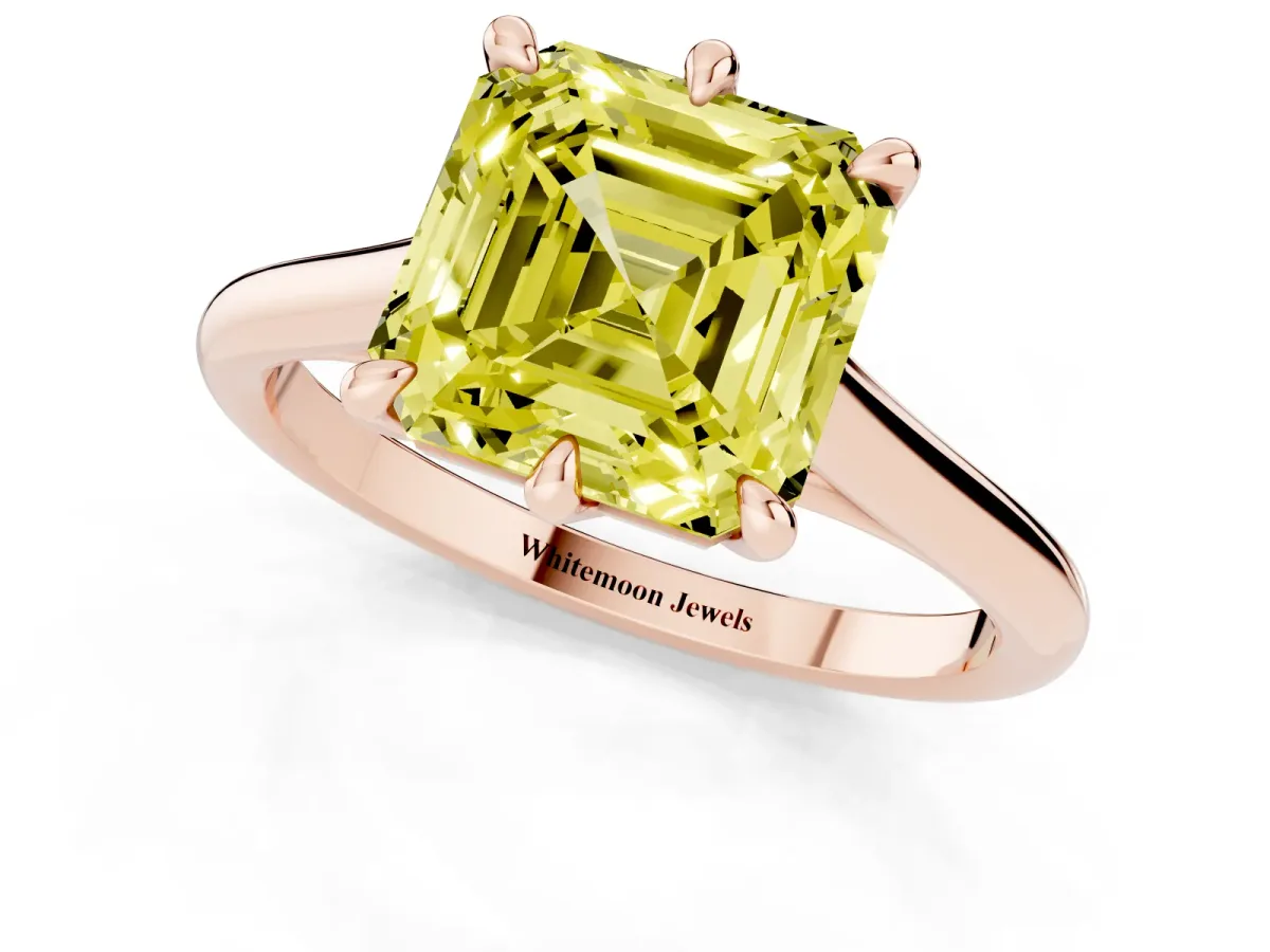 Fancy Yellow Asscher Cut Solitaire Engagement Ring with Six-Prong Setting and Classic Band Rose gold