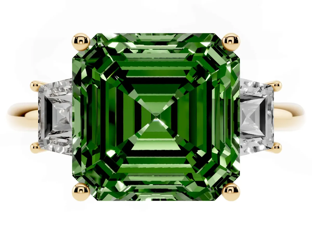 Fancy Green Asscher Cut Diamond Three-Stone Ring with Trapezoid Side Stones and Prong Setting Yellow gold