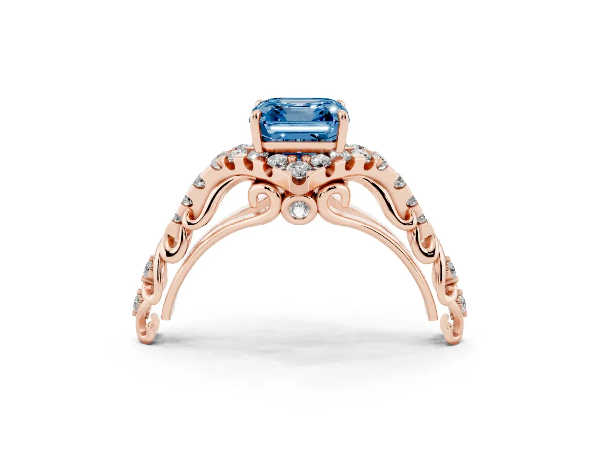 Fancy Blue Asscher Cut Diamond Solitaire Ring with Hidden Halo and Pavé Band Rose gold