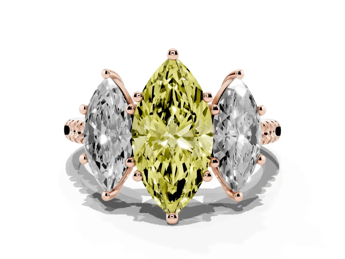 Fancy Yellow Three-Stone Marquise Cut Diamond Ring with Round Pavé Band and Prong Setting Rose gold