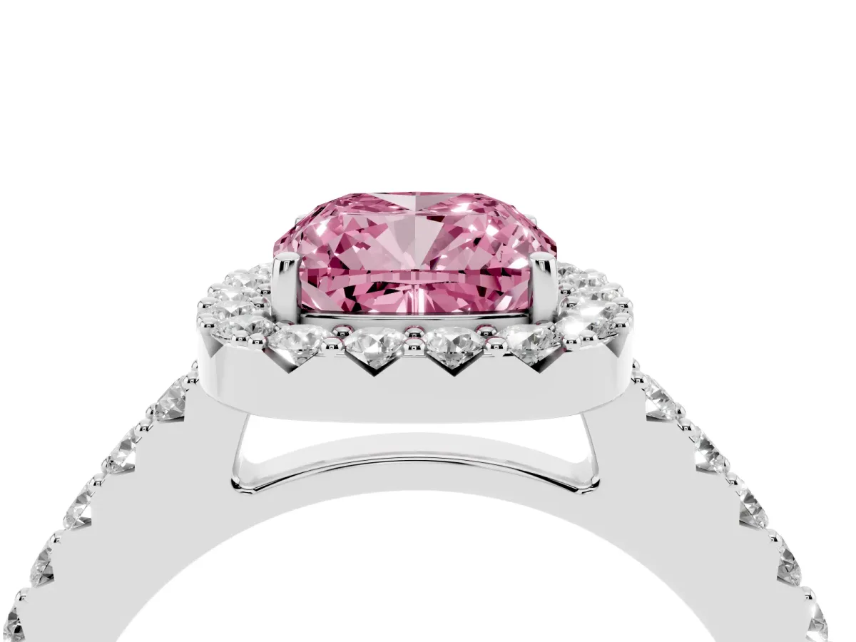 Fancy Pink Cushion Cut Halo Diamond Pavé Solitaire Ring Platinum