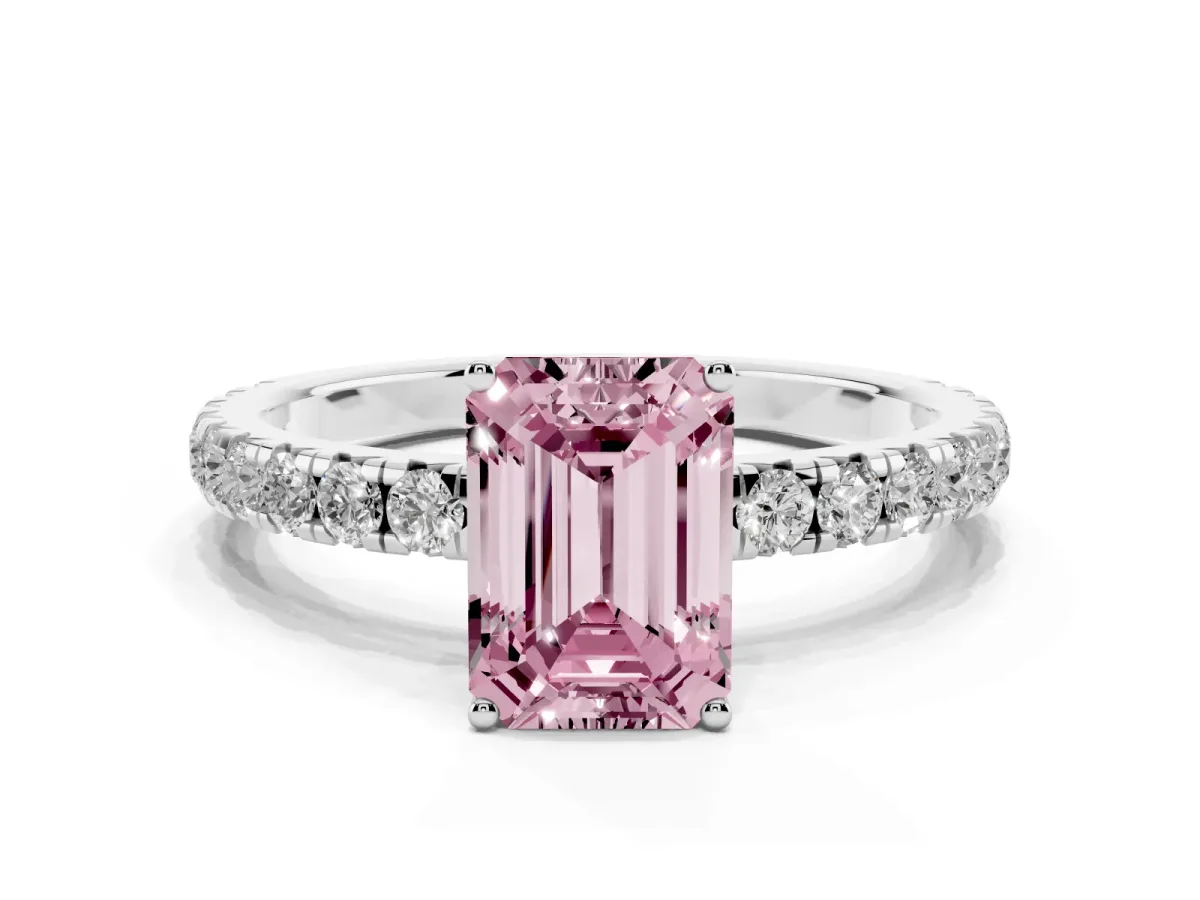 Fancy Pink Emerald Cut Diamond Pavé Solitaire Engagement Ring with Four-Prong Setting Silver