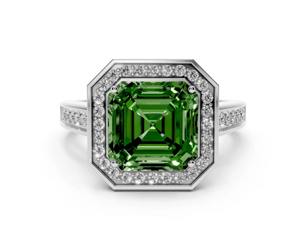 Fancy Green Asscher Cut Halo Solitaire Diamond Ring with Pave Band and Bezel Setting Platinum