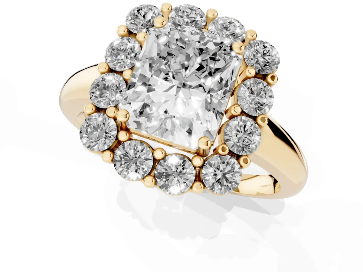 Radiant Cut Halo Cluster Diamond Engagement Ring with Prong Setting and Polished Band Yellow gold