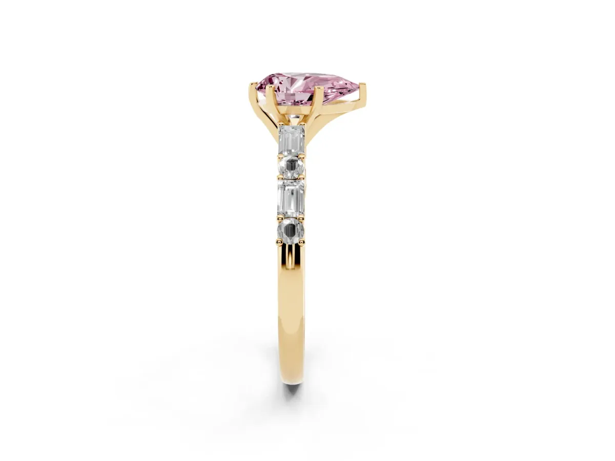 Fancy Pink Pear Cut Diamond Solitaire with Side Baguettes and Channel Set Band Yellow gold