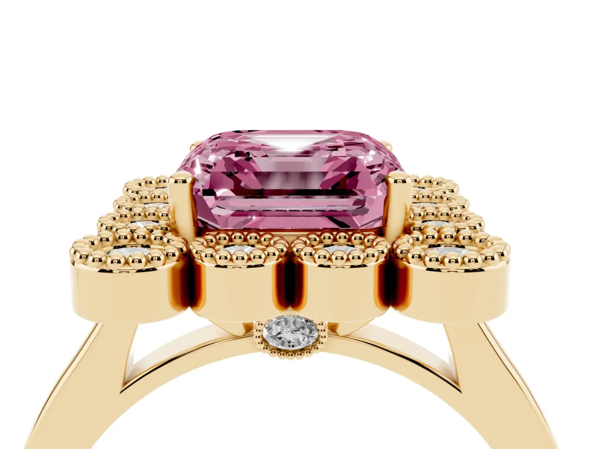 Fancy Pink Asscher Cut Halo Diamond Cluster Engagement Ring with Milgrain Bezel Setting and Solitaire Band Yellow gold