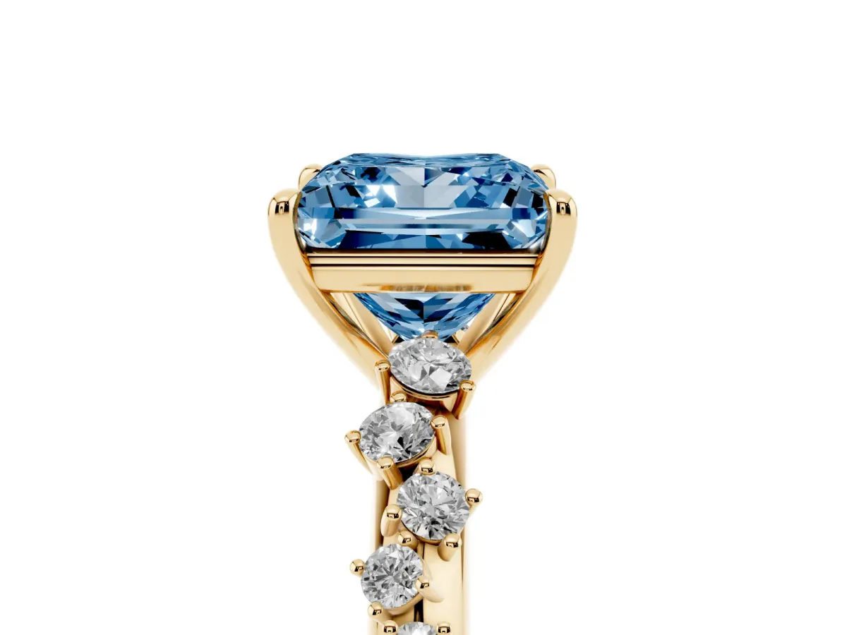 Fancy Blue Princess Cut Diamond Cluster Side Stone Solitaire Ring with Prong Setting Yellow gold