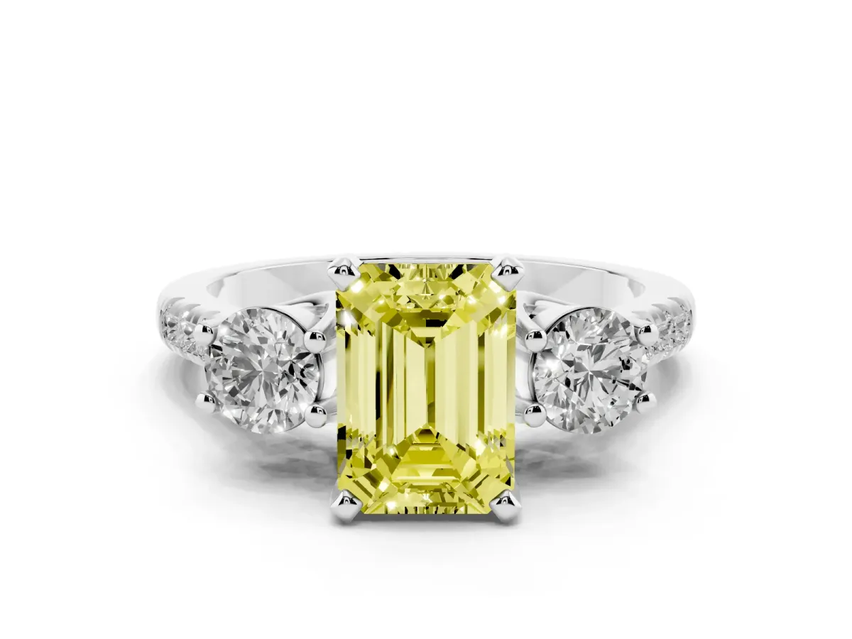Fancy Yellow Three-Stone Emerald Cut Diamond Pavé Band with Four-Prong Setting Silver