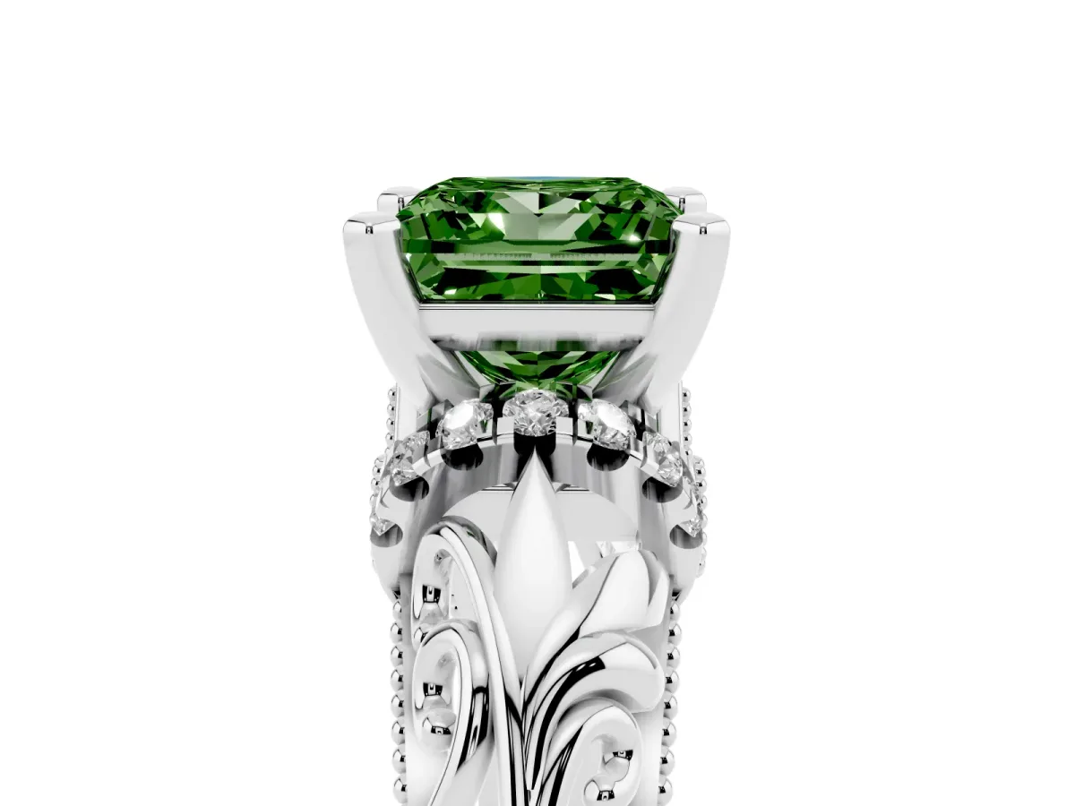 Fancy Green Princess Cut Solitaire Filigree Engagement Ring with Halo and Prong Setting Silver