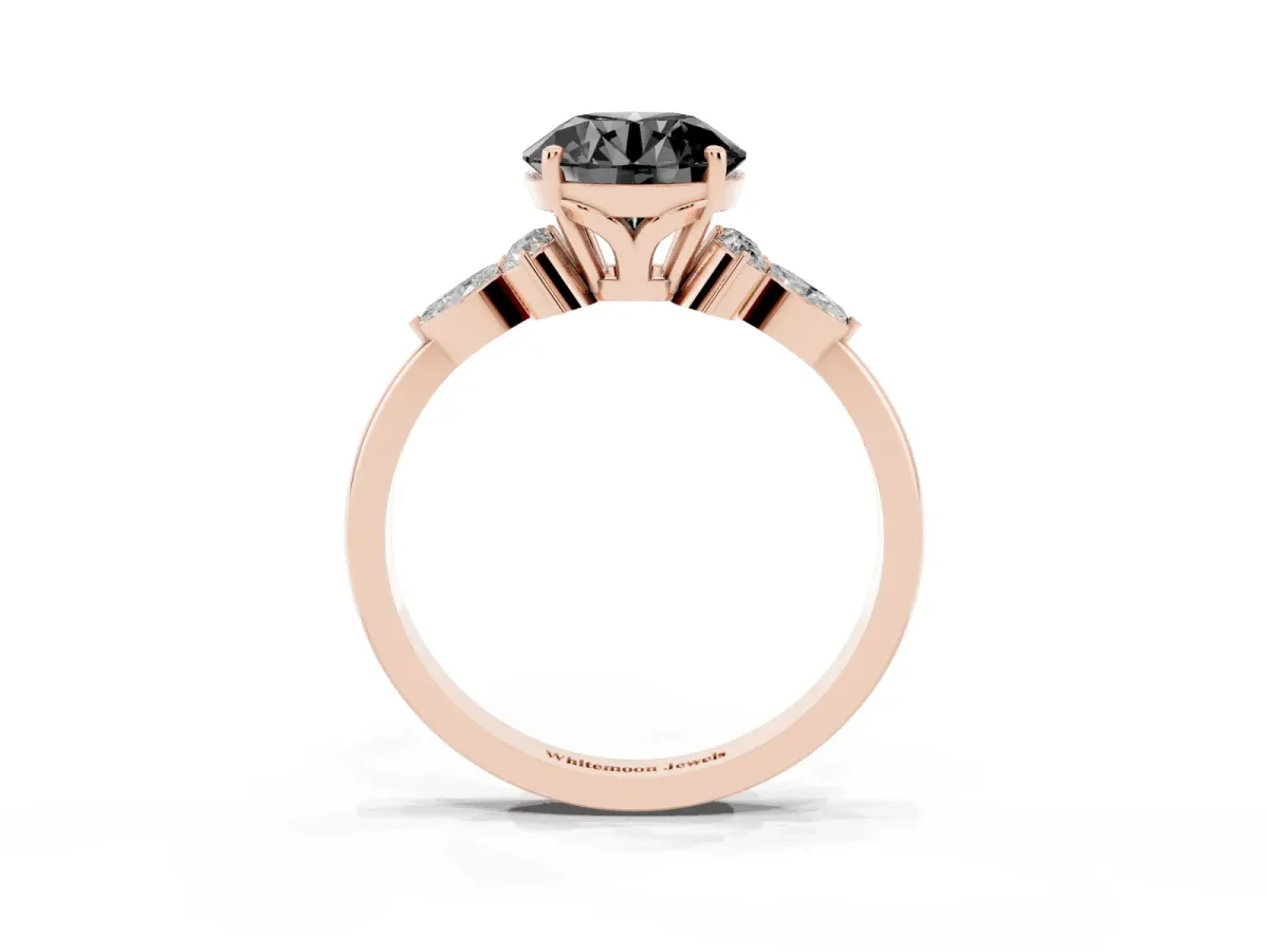 Fancy Black Round Cut Brilliant Diamond Solitaire Ring with Pear Side Stones and Four-Prong Setting Rose gold