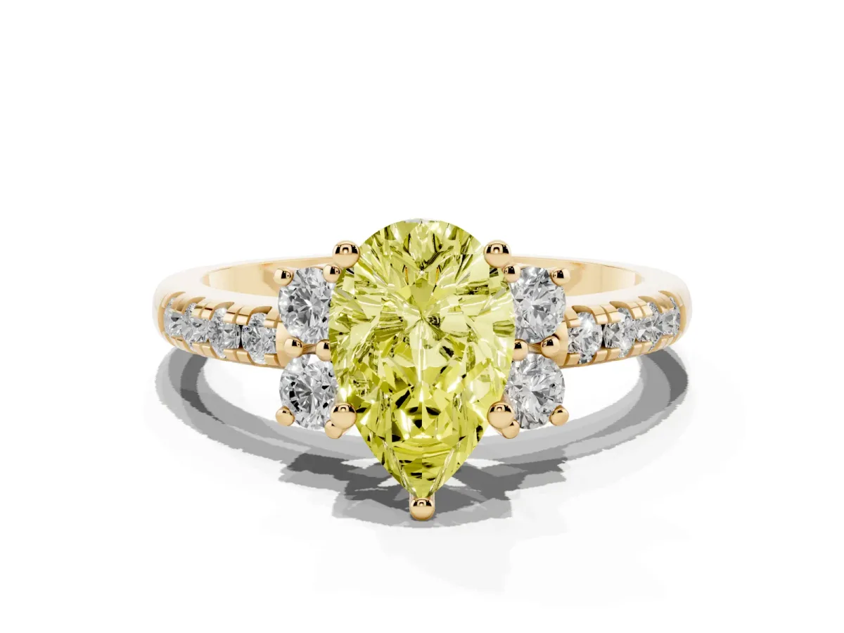 Fancy Yellow Pear Cut Diamond Three-Stone Pave Band with Four-Prong Setting Yellow gold