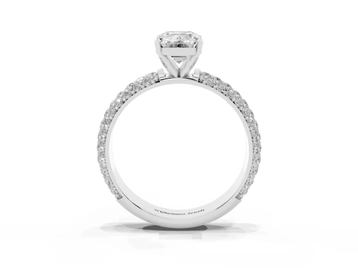 Emerald Cut Diamond Solitaire Ring with Prong Setting and Pavé Band Silver