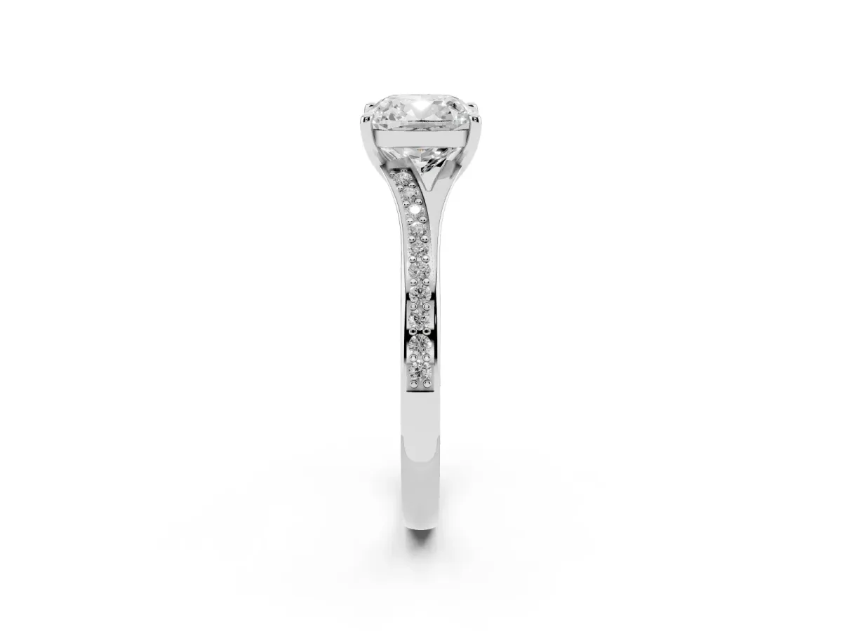 Cushion Cut Diamond Solitaire Ring with Pavé Band and Prong Setting Silver