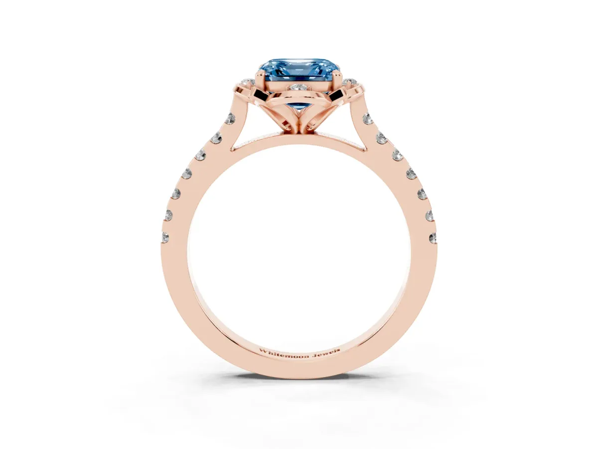 Fancy Blue Asscher Cut Diamond Ring with Pavé Band and Floral Prong Setting Rose gold