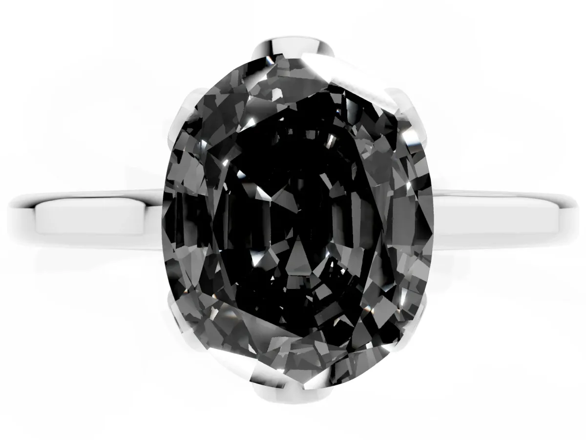 Fancy Black Oval Cut Diamond Solitaire Ring with Flower Prong Setting and Classic Band Silver