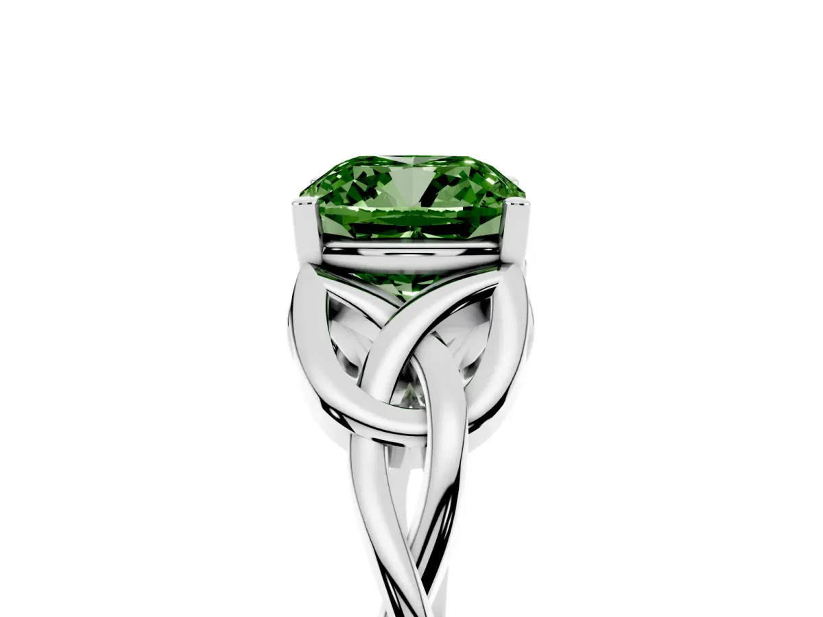 Fancy Green Cushion Cut Diamond Solitaire Engagement Ring with Celtic Knot Band and Four-Prong Setting Platinum