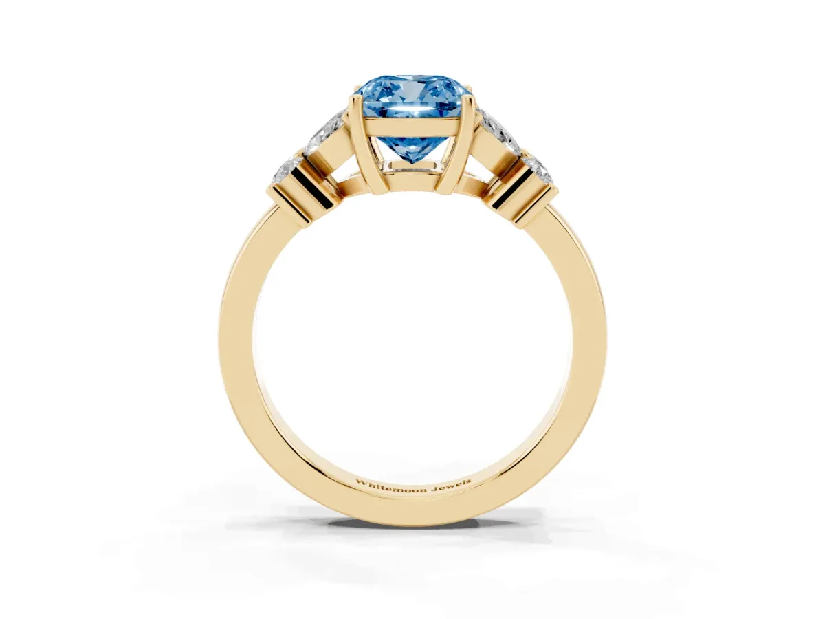 Fancy Blue Cushion Cut Diamond Floral Cluster Ring with Solitaire Band and Prong Setting Yellow gold