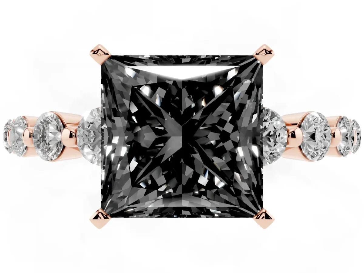 Fancy Black Princess Cut Solitaire Diamond Ring with Pave Band and Four-Prong Setting Rose gold