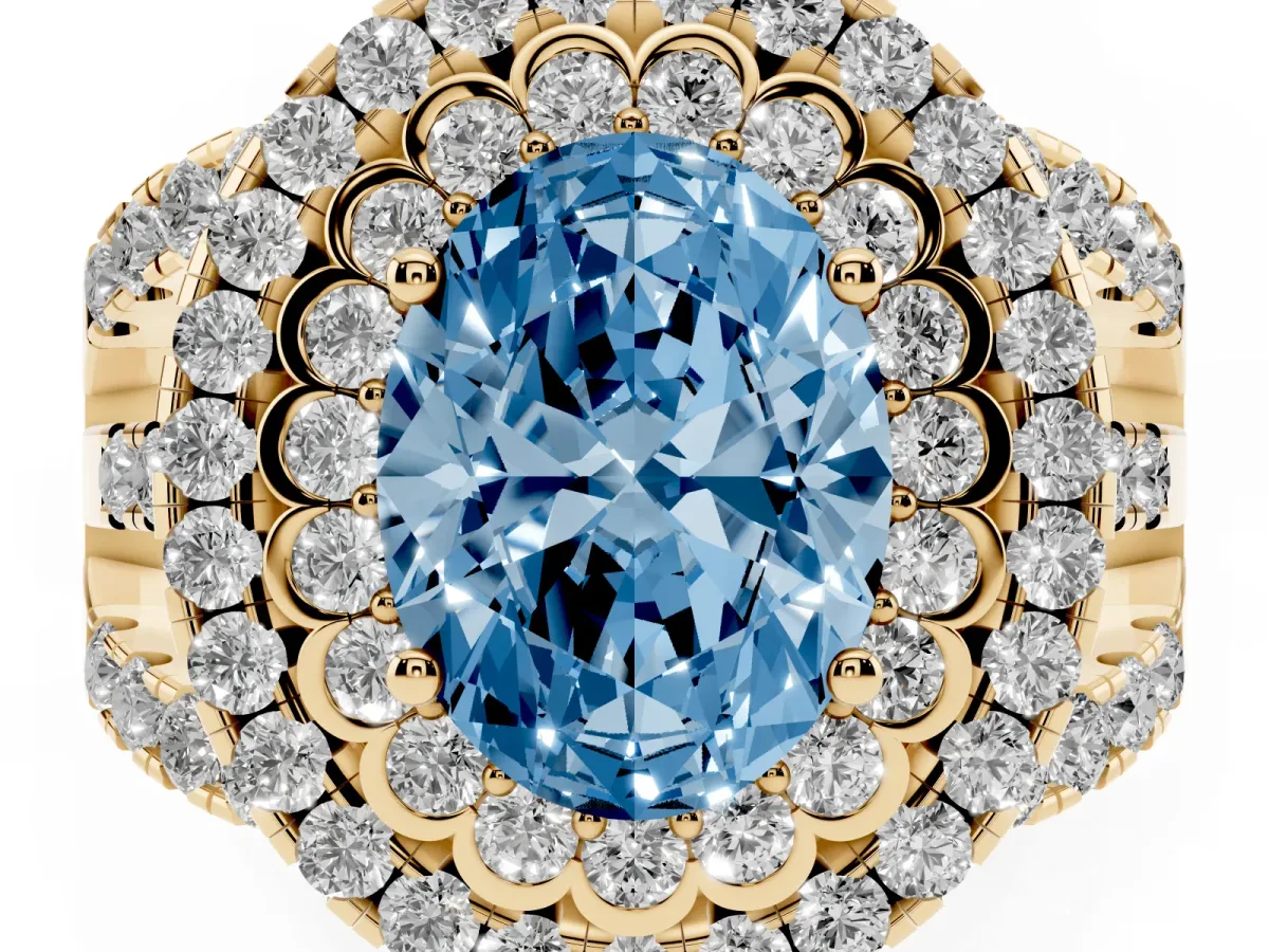 Fancy Blue Oval Cut Diamond Double Halo Ring with Round Pavé Split Shank and Prong Setting Yellow gold