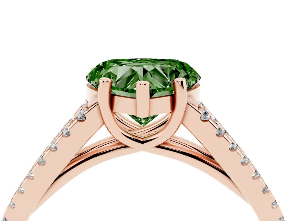 Fancy Green Heart Cut Diamond Solitaire Engagement Ring with Split Shank Pavé Band Rose gold