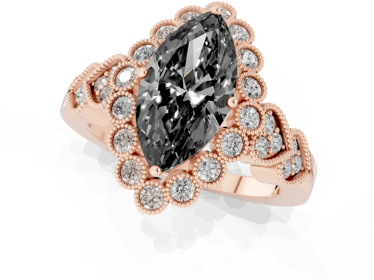 Fancy Black Marquise Cut Brilliant Milgrain Pave Heart Band Solitaire Ring Rose gold